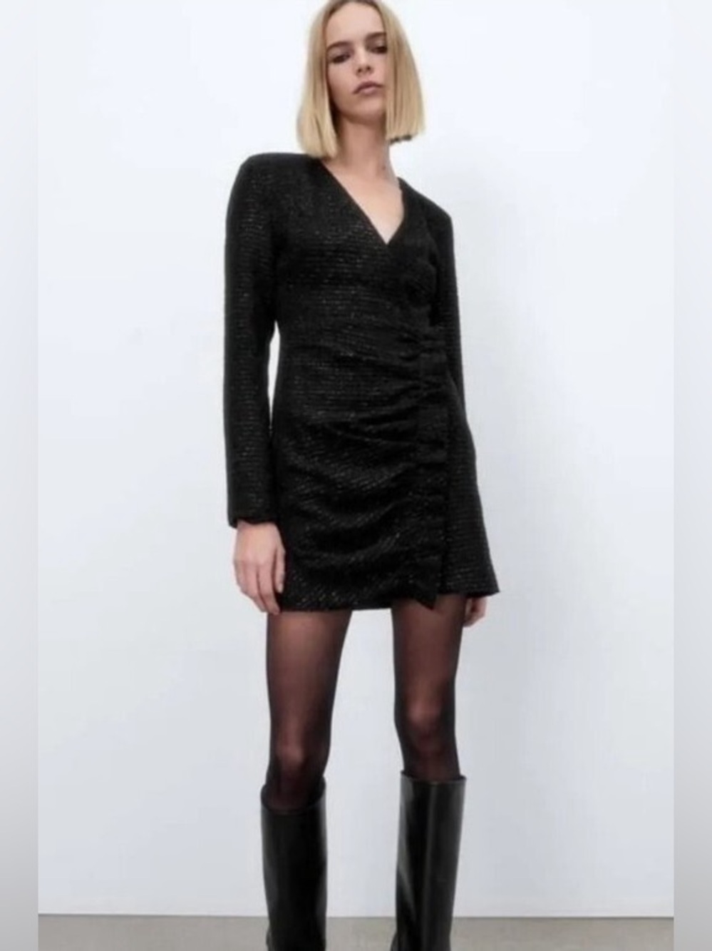 Zara Dress Size Womens Textured Mini Weave Tweed Black Blazer Ruffle Dress M